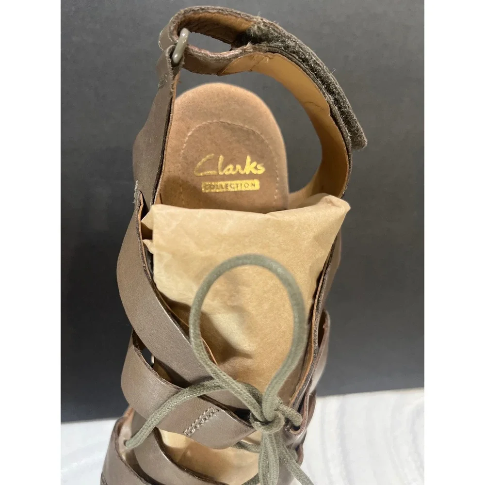 Clarks Collection Taupe Leather Lace Up Cork Wedge Sandals Womens 9 Cushion Soft